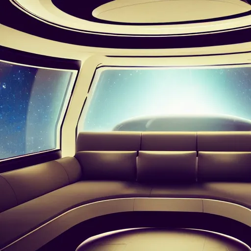 Prompt: 8 k photography of spacious quarters on a futuristic starship, large side window view of stars in dark space, low lights, couch facing window with open bottle of liquor on table, muted colors, somber, trending on artstation