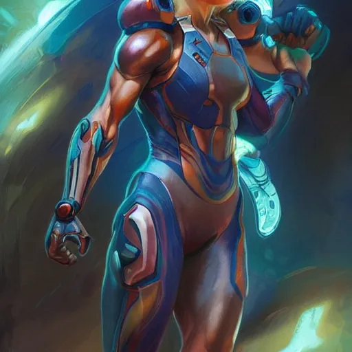 Image similar to samus aran showing her big muscular biceps, highly detailed, digital painting, artstation, concept art, matte, sharp focus, illustration, art by artgerm and greg rutkowski and alphonse mucha