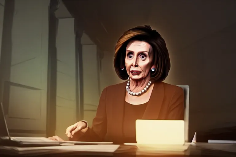 Image similar to Nancy Pelosi hiding in the shadows in a dark corner trading stocks on a laptop, face lit up by screen, very high detail, cinematic, volumetric lighting, artstation, 8k, dark, hyperrealistic