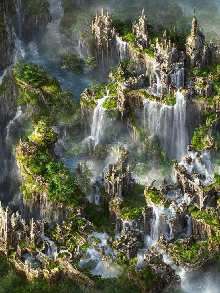 Image similar to a beautiful fantasy landscape of a large majestic castle adorned with gold linings and white marble walls from DND with lots of towers bridges and levels on top of a lush cliff with a huge waterfalls in the middle, ruins of structures at the bottom, afternoon light streaking with god rays, Dungeons and Dragons Castle, ornate, detailed, octane render, 8k, trending on artstation deviantart google images, pinterest, canon 35mm lens