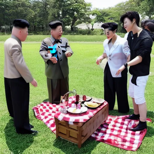Image similar to screaming kim jong un doll having a lovely picnic with bts boy band