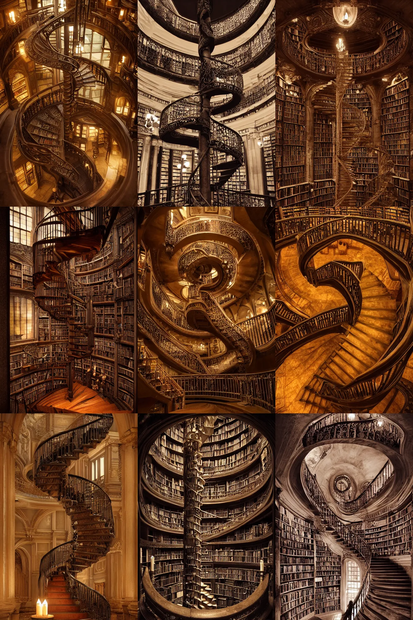 Prompt: an old ornate spiral stair going up the infinite library. tons of bookshelves can be seen on every library floor. atmospheric, dim orangish ambient lighting provided by candles. mysterious, moody, fantasy novel, wide angle. trending on artstation.