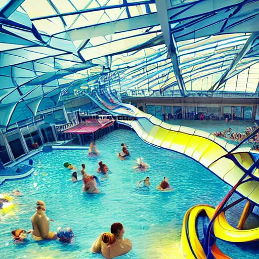 Image similar to waterpark in an airport, digital art, cinematic lighting, epic composition, highly detailed