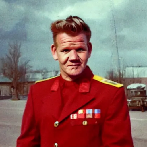 Image similar to Gordon Ramsay as a officer in the Soviet Army during WW2, colorized grainy photo