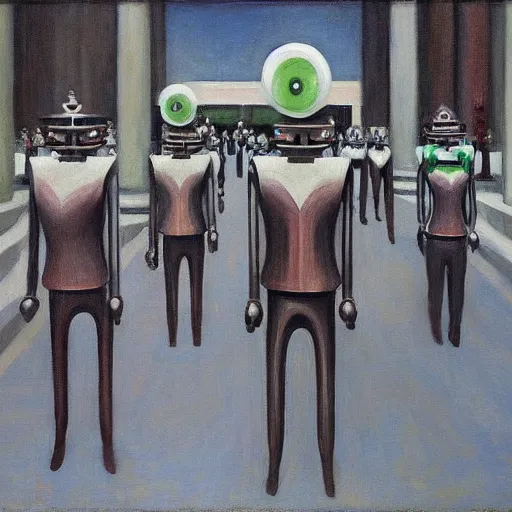 Image similar to robot druids in a grand processional, capital plaza, grant wood, pj crook, edward hopper, oil on canvas