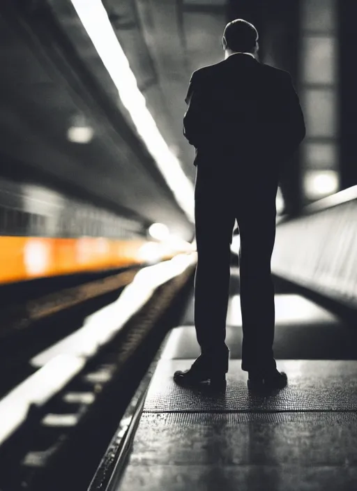 Prompt: a 2 8 mm macro photo from the back of a businessman standing on a subway platform, splash art, movie still, bokeh, canon 5 0 mm, cinematic lighting, dramatic, film, photography, golden hour, depth of field, award - winning, anamorphic lens flare, 8 k, hyper detailed, 3 5 mm film grain