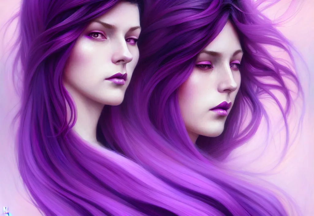 Image similar to Purple hair relistic Portrait of a two woman with bright colored flying hair, all shades of purple. Beauty face, Hair coloring, fantasy, intricate, elegant, highly detailed, digital painting, artstation, concept art, smooth, sharp focus, illustration, art by artgerm and greg rutkowski and alphonse mucha