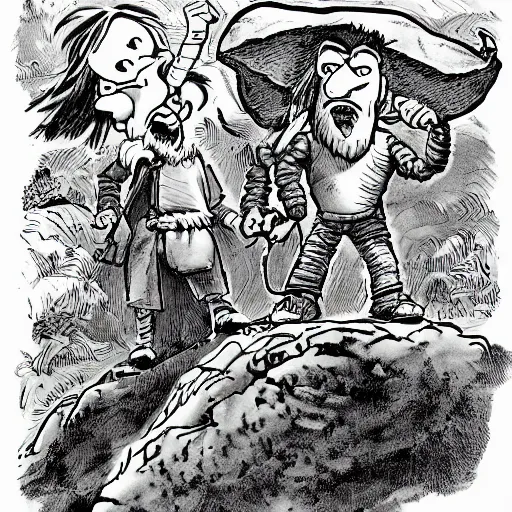 Image similar to groo the wanderer and rufferto in an epic pose on top of a mountain illustration by sergio aragones