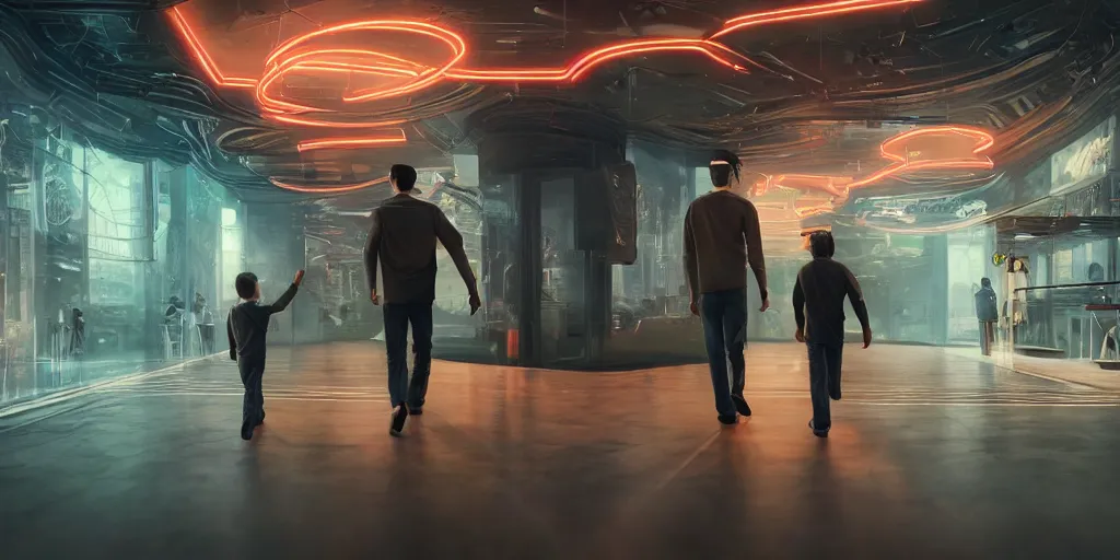 Image similar to a detailed hyper realistic commercial of a father and his son walking in a realistic neon room with Virtual reality headsets experience digital wildlife, artstation, sophisticated, depth of field, misty, detailed, Unreal engine, dystopia, anti-utopia, post processing, nostalgic melancholic artwork, intricate