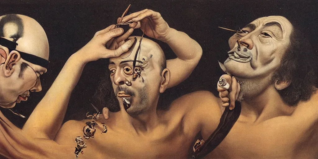 Prompt: a man removing a nail from the middle of his forehead where he has a third eye by dali