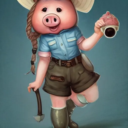 Image similar to cute little anthropomorphic funny female pig wearing shorts, a sunhat, boots and a pale blue shirt!! tiny!! fully clothed!!! small, short, cute and adorable, character art portrait, matte fantasy painting, deviantart artstation, by jason felix by steve argyle by tyler jacobson by peter mohrbacher, cinema