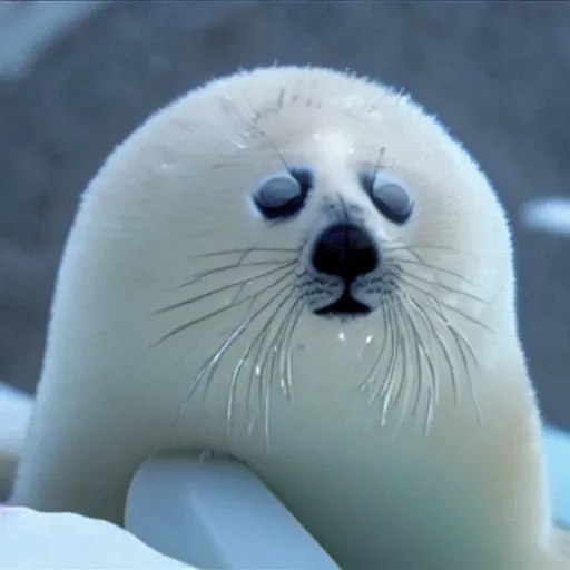 Image similar to a film still of a baby harp seal as hector escaton, westwood 2 0 2 0