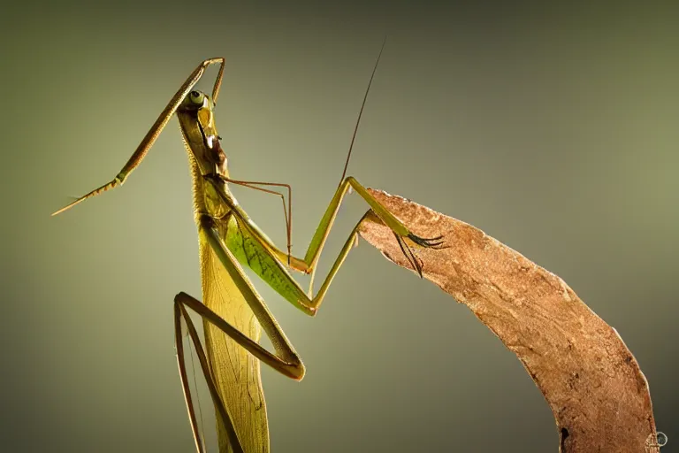Prompt: award winning nature photography, picture of ( subject : a praying mantis in a dramatic pose ). scattered light through the canopy, focus on the mantis. extremely hyperrealistic, crisply sharp picture, trending on artstation, 4 k