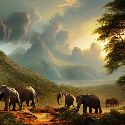 Prompt: a herd of African elephants crossing the mountains, concept art, matte painting, highly detailed the the style of Frederic Church and Greg Rutkowski