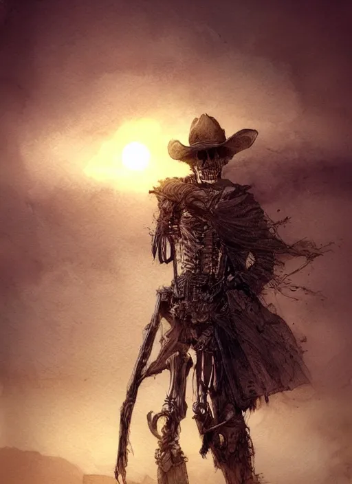 Prompt: portrait, A wounded skeleton cowboy watching the sunset, watercolor, dramatic lighting, cinematic, establishing shot, extremely high detail, foto realistic, cinematic lighting, pen and ink, intricate line drawings, by Yoshitaka Amano, Ruan Jia, Kentaro Miura, Artgerm, post processed, concept art, artstation, matte painting, style by eddie mendoza, raphael lacoste, alex ross