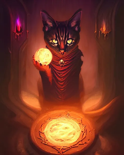 Image similar to Cat necronomancer, portrait, casting dark spell, magic the gathering artwork, D&D, fantasy, cinematic lighting, centered, symmetrical, highly detailed, digital painting, artstation, concept art, smooth, sharp focus, illustration, volumetric lighting, epic Composition, 8k, art by Akihiko Yoshida and Greg Rutkowski and Craig Mullins, oil painting, cgsociety