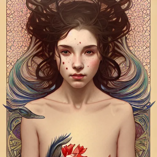 Image similar to Portrait of a girl surrounded by Koi fish, face, fantasy, intricate, elegant, highly detailed, digital painting, artstation, concept art, smooth, sharp focus, illustration, art by Pauline Voß and Artem Demura and alphonse mucha