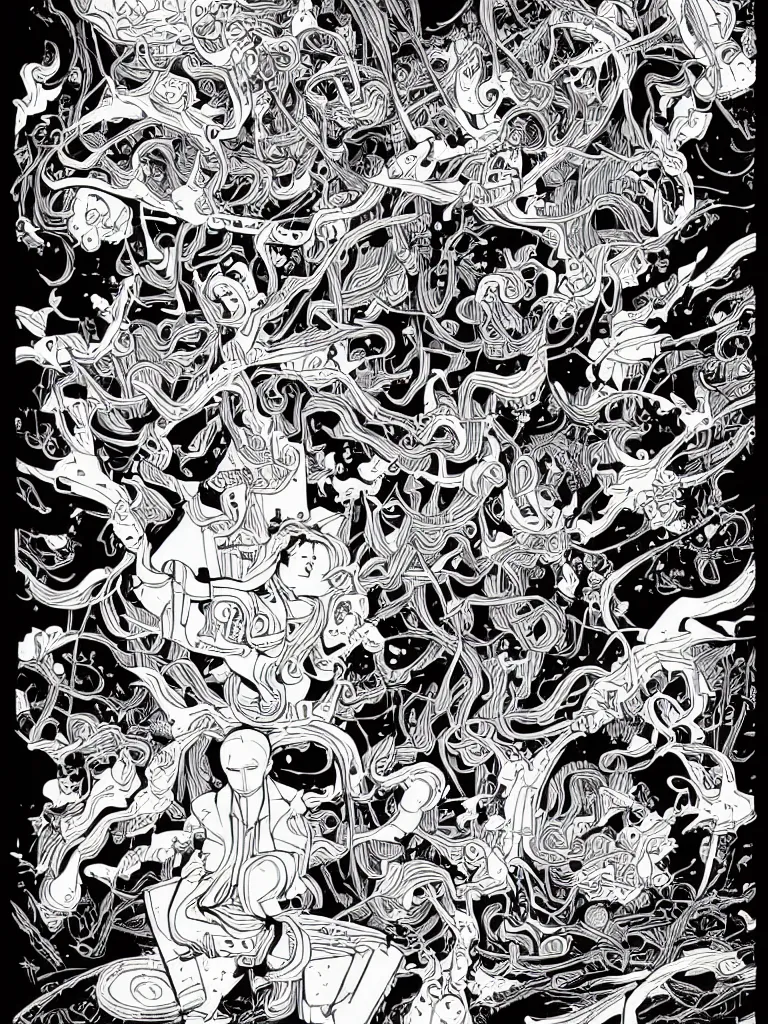 Image similar to line vector art of a weird dream by James Jean and Dan Mumford and Strongstufftom and Adi Granov