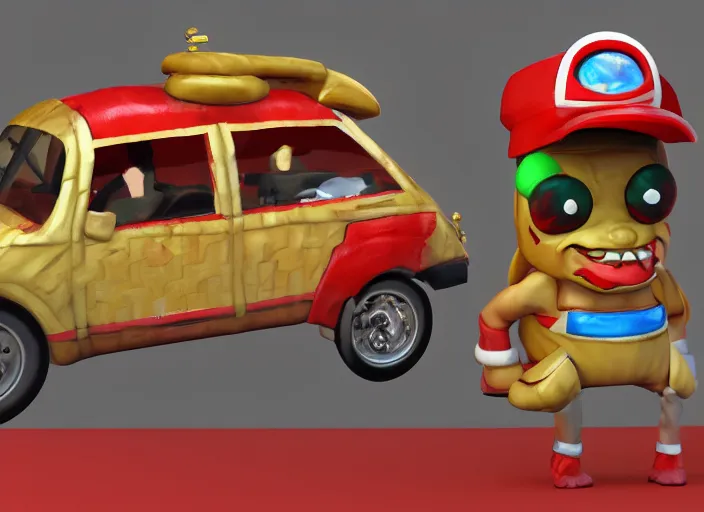 Prompt: 3 d model of pan pizza rebel taxi character in fighting game, stylized 3 d graphics, hdr, ultra graphics, ray tracing, 4 k image