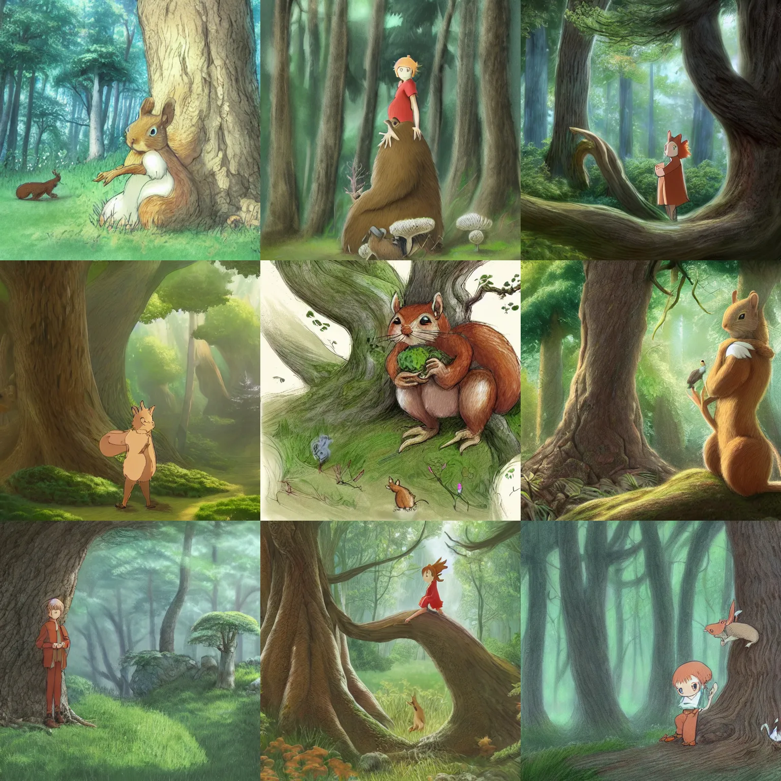 Prompt: An ultradetailed concept art of a gentle ent in a sweet forest with squirrel who play on his shoulder, High resolution concept art, by Hayao Miyazaki