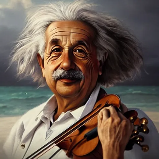 Image similar to albert einstein on tropical beach playing violin by greg rutkowski hyper realistic award winning