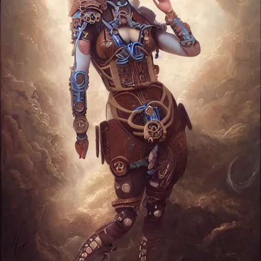 Prompt: by tom bagshaw, breathtaking almond blue eyes, ultra realist vivid soft painting of a carnival of curiosities, single curvy flirt etheral young steampunk female in a full ornated armor gears, cables, led, flying machinery, partial symmetry accurate features, very intricate details, focus, award winning, ultra dense fog