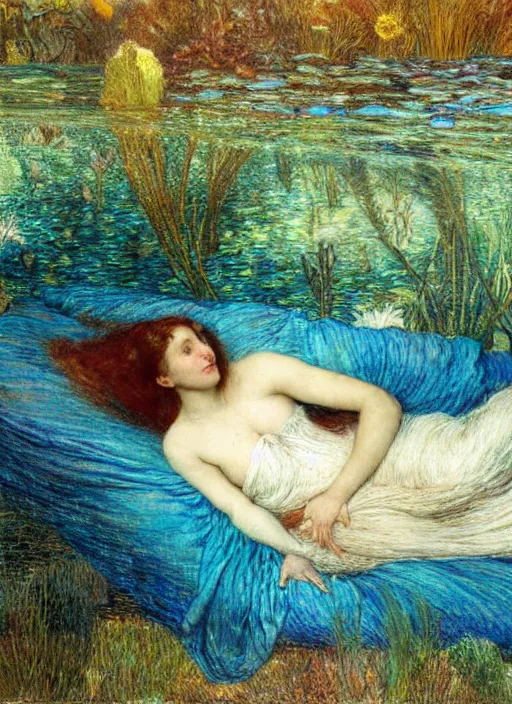 Image similar to lady laying under the sea on the seabed amongst the weeds, underwater shot, submerged, medium shot, on the bed of the river preraphaelite colour photography by william holman hunt, 8 k