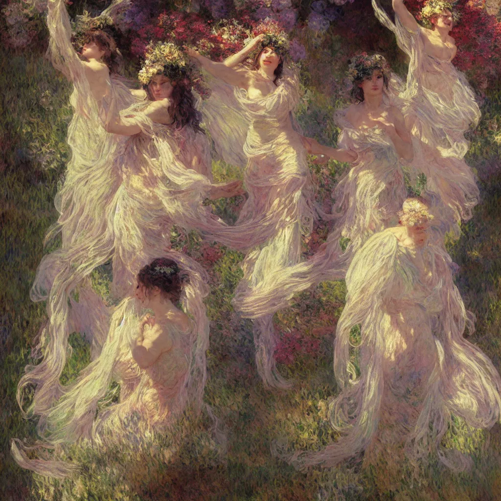 Image similar to illustration studio portrait of three beautiful seraphim female energy in artistic poses in nature, monet painterly motives and textures pattern, hyper detailed, octane render, vivid colors, artstation, by jeremy mann, by alphonse mucha, by monet