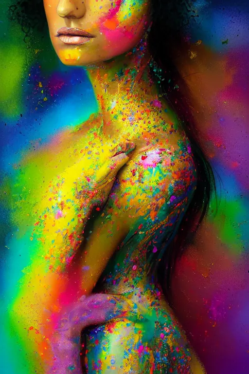 Image similar to modern portrait of vanessa parady, rainbow colours, splatter paint, dreamy and ethereal, golden ratio, peaceful expression, ornate frilly dress, fantasy, intricate, elegant, black background highly detailed, digital painting, perfect face artstation, concept art, smooth, b sharp focus, illustration, art by patrice murciano, artgerm and greg rutkowski and alphonse mucha