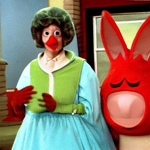 Prompt: Still from a live-action children's tv show about an old lady dressed as a nose with enormous feet, technicolor 1973