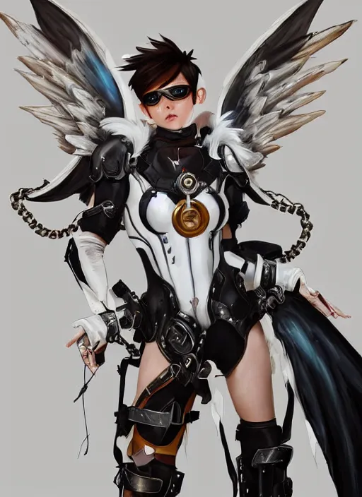 Prompt: full body artwork of tracer overwatch, wearing white latex and leather straps armor outfit, in style of mark arian, angel wings, dramatic painting, wearing detailed leather collar, ornate highly detailed armor, chains, black harness, detailed face and eyes,