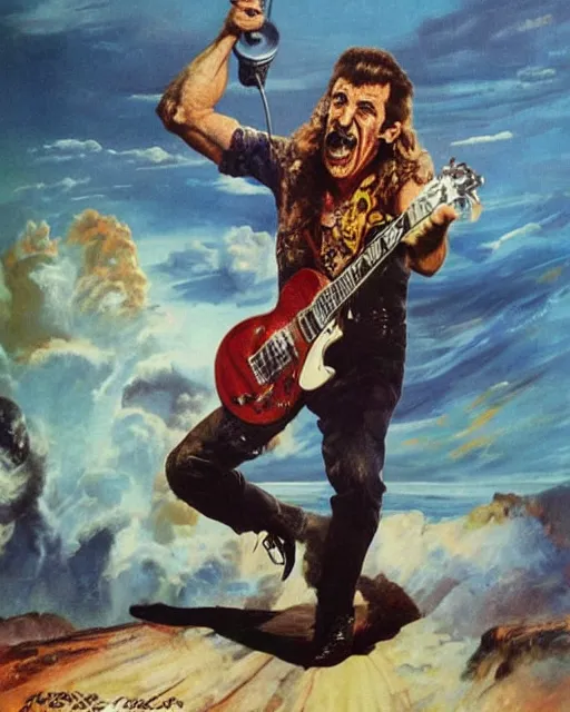 Prompt: Barry Chuckle ripping a solo on a Gibson Les Paul, heavy metal artwork by Frank Frazetta