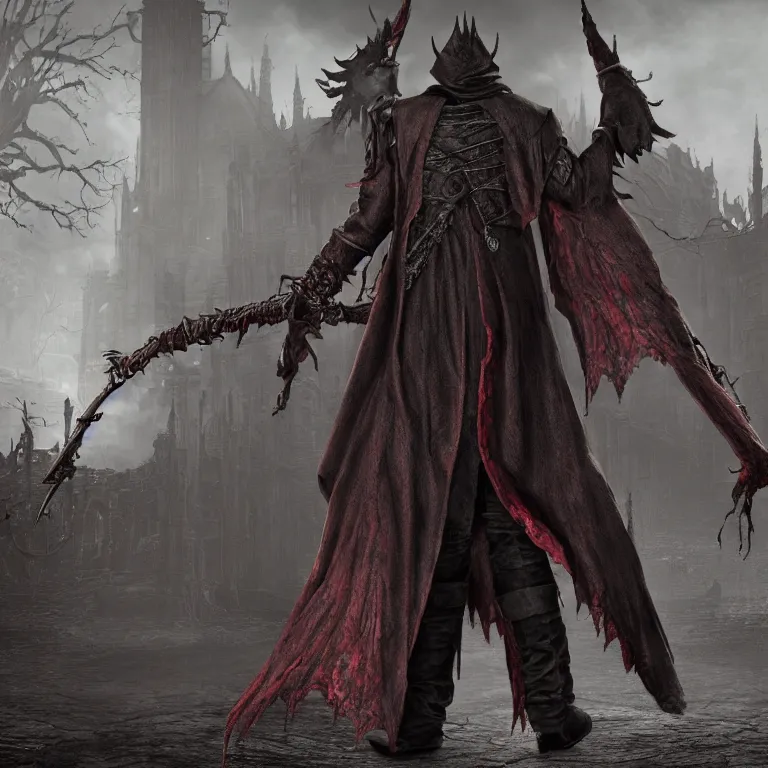 Image similar to An extremely confused Bloodborne character standing outside an Arbys