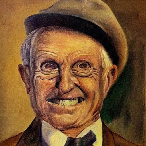 Image similar to a creepy painting of a smiling old man