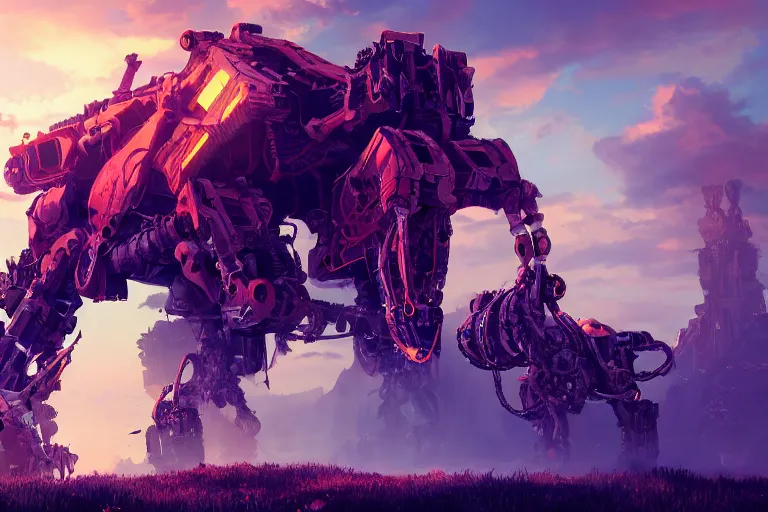 Image similar to behemoth machine mecanical creature robot of horizon forbidden west horizon zero dawn radiating a glowing aura global illumination ray tracing hdr fanart arstation by ian pesty and alena aenami artworks in 4 k