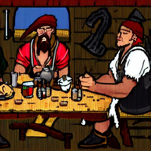 Image similar to Three important pirates drinking grog in a tavern table 16 bit computer art