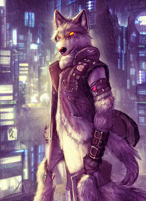 Image similar to character portrait of a male anthro wolf fursona with a tail and a cute beautiful attractive detailed furry face wearing stylish cyberpunk clothes in a cyberpunk city at night while it rains. hidari, color page, tankoban, 4K, tone mapping, Akihiko Yoshida. Nomax, Kenket, Rukis.