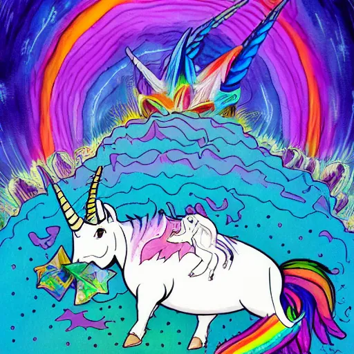 Image similar to trippy comic art of a unicorn horned pig with white wings sleeping on a rainbow in the sky with white clouds, drawn by Martin Rowson, Tim Burton, Studio Ghibli, Alex Pardee, Nekro Petros Afshar, James McDermott, colors by lisa frank, unstirred paint, vivid color, cgsociety 4K