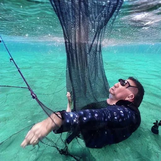 Prompt: vucic stuck in a fishing net, struggling, underwater, photo