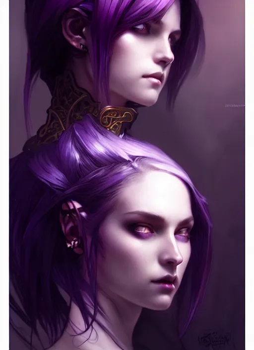 Image similar to Necromant, fantasy magic, undercut hairstyle, short purple black fade hair, dark light night, intricate, elegant, sharp focus, illustration, highly detailed, digital painting, concept art, matte, art by WLOP and Artgerm and Greg Rutkowski and Alphonse Mucha, masterpiece