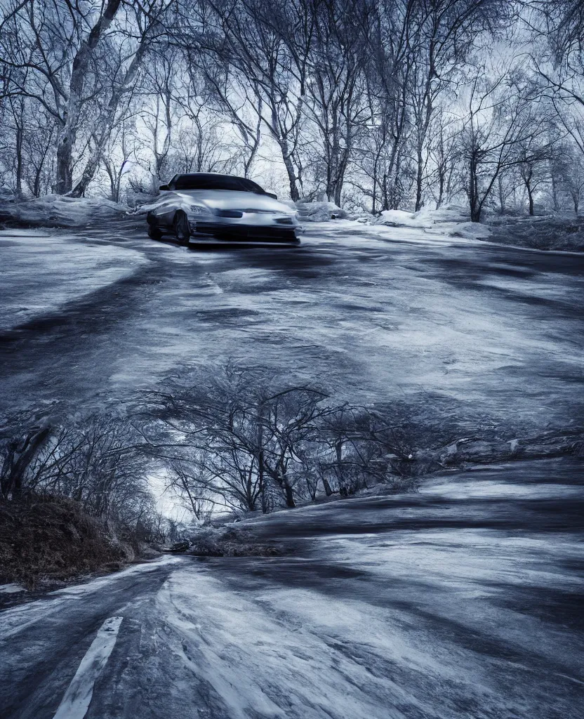 Image similar to Icy road, car perspective, photorealism, 4k