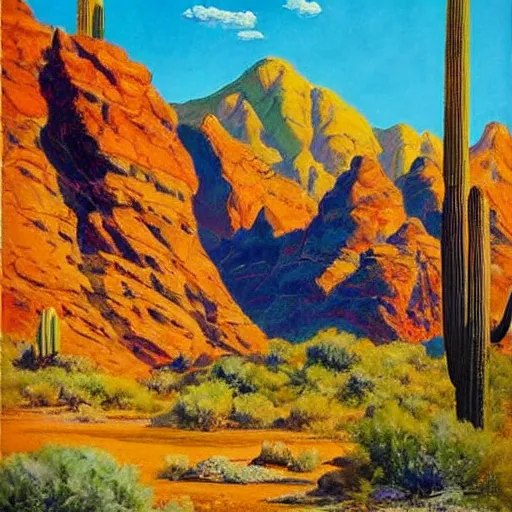 Prompt: This painting is simply stunning. It is a beautiful landscape painting of a desert scene, with mountains in the background and a bright sky. The colors are so vibrant and the detail is amazing. It is a truly beautiful painting. 1940s by John Blanche