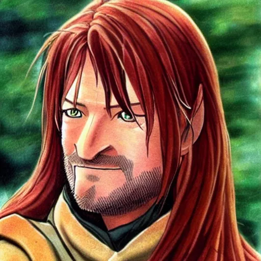 Prompt: boromir from the anime lord of the rings (1986), ginger hair, looking serious, some beard, studio ghibli, very detailed, realistic