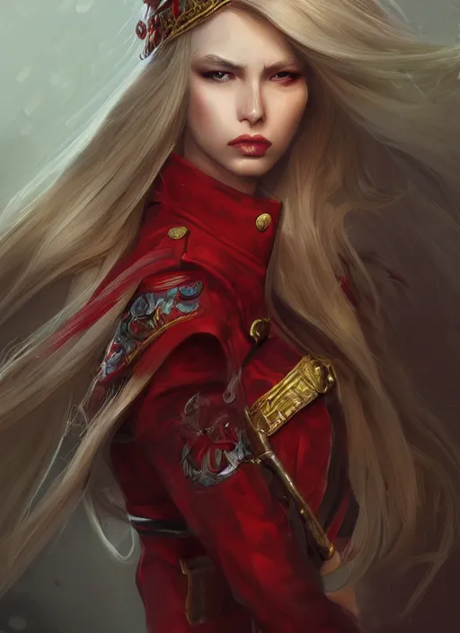 Image similar to a highly detailed illustration of beautiful long dirty blonde haired pale girl wearing red epaulette uniform, red eyes, dramatic seductive pose, intricate, elegant, highly detailed, centered, digital painting, artstation, concept art, smooth, sharp focus, league of legends concept art, WLOP