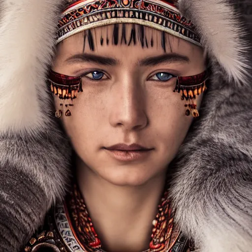 Image similar to portrait of a stunningly beautiful siberian tribal female, depth of field, zeiss lens, detailed, symmetrical, centered, fashion photoshoot, by Annie Leibovitz and Steve McCurry, David Lazar, Jimmy Nelsson, Breathtaking, 8k resolution, extremely detailed, beautiful, establishing shot, artistic, hyperrealistic, beautiful face, octane render