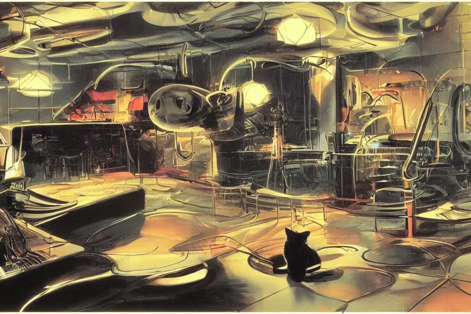 Image similar to cat sitting in a neon basement john kricfalusi and syd mead