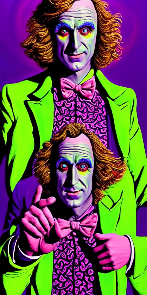 Image similar to An extremely psychedelic illustration of willy wonka in neon psychedelic tuxedo, surreal, LSD, face, detailed, intricate, elegant, lithe, highly detailed, digital painting, artstation, concept art, smooth, sharp focus, illustration, art by Jason Edmiston