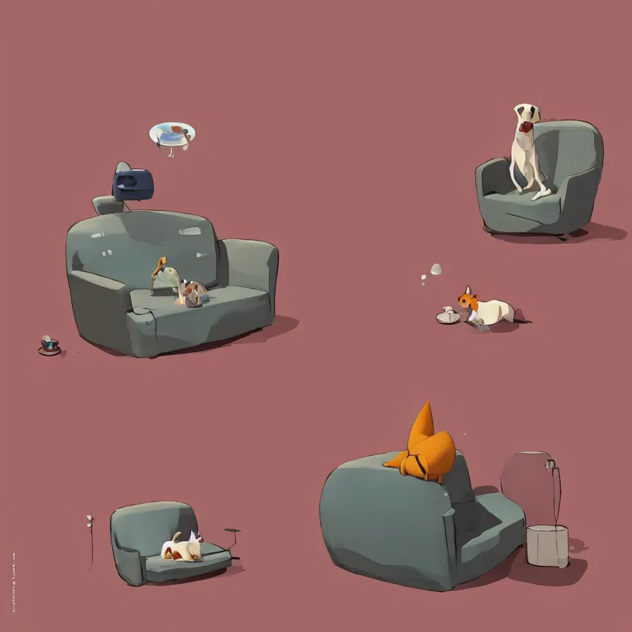 Image similar to Goro Fujita illustrating a dog looking down from the top of the sofa at his food bowl, art by Goro Fujita, sharp focus, highly detailed, ArtStation