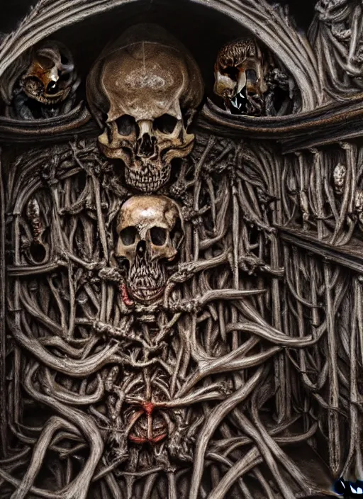 Prompt: Sedlec Ossuary hall, highly detailed, 55 mm lens, art by Ayami Kojima, Beksinski, Giger