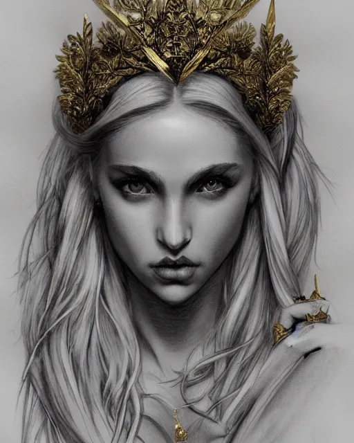 Image similar to front view of beautiful aphrodite greek goddess wearing a gold laurel wreath and triangle earrings, realism tattoo sketch, beautiful piercing eyes with sharp pupils, beautiful blonde hair, in the style of greg rutkowski, fantasy, amazing detail, epic, elegant, smooth, sharp focus